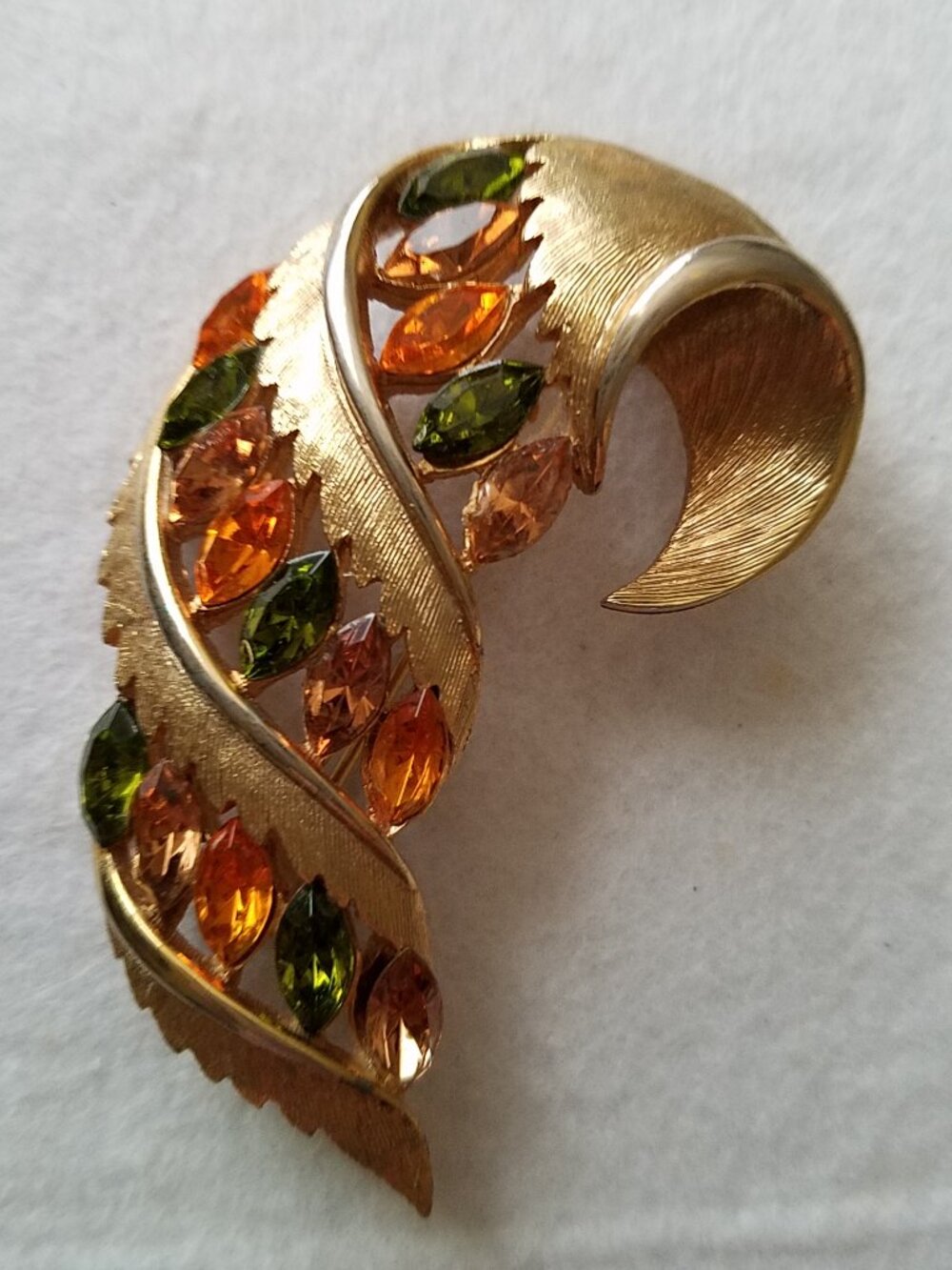 Vintage J Jonette Orange and Green Rhinestone Brooch